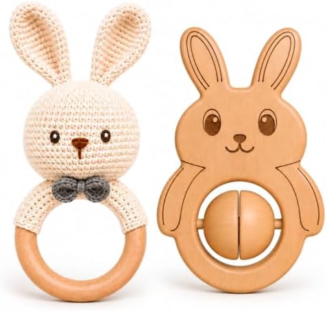 Baby Rattle Toys, Handcrafted Crochet & Wooden Bunny Rattle Set, Natural Beechwood Grasping Ring, Newborn Toy Gift, Baby Shower & Announcement Gift Ideas by Unknown