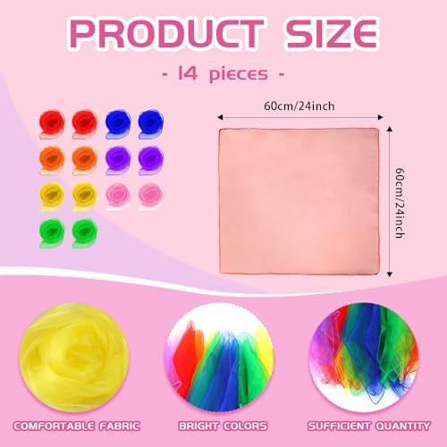Juggling Scarves, 14 PCS Dance Scarves for Kids Play 7 Colors Silk Scarve for Toddlers Children Movement Music Scarf Magic Tricks Performance Props Accessories Rhythm Band Scarfs 24 x 24 Inch - Image 3