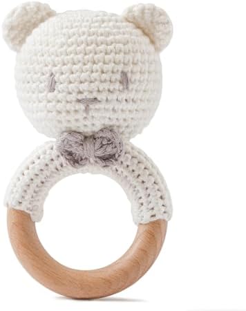 Moyii Handmade Crochet Baby Rattle Toy, 100% Organic Cotton Amigurumi Animal with Natural Beech Wood Teether Ring, Soft Sensory Newborn Toy, Montessori Nursery Gift for Boys & Girls by Unknown