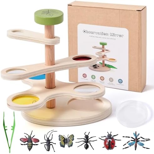 Insect Observation Kit for Kids, Multi-Magnification Rotating Viewer with Color Filters, Wooden STEM Nature Exploration Science Toy with Tweezers, Petri Dish and 6 Insect Models, Gift for Ages 4-8 by WOODENTEETHER