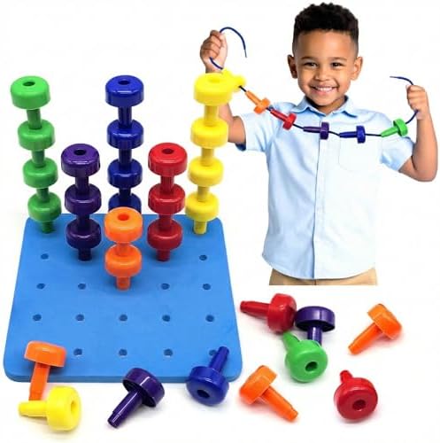 Foam Peg Board Toy - 36 Pegs, Foam Board, Lacing String, Storage Bag - Occupational Therapy Toys - Fine Motor Skills Toys for Toddlers and Kids (Blue) by BluJay
