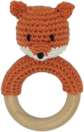 Joliecraft Safari Animals Wooden Baby Rattle Toys Stuffed Crochet Rattle with Teether Ring for Newborn, Orange Fox by Joliecraft