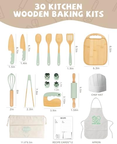 Wooden Kids Cooking Set Montessori Kit - Real Toddler Kitchen Tools & Baking Utensils - 30PCS Cooking Kit for Kids with Storage Bag, Great Gift for Pretend Play & Montessori Learning (Green) - Image 3