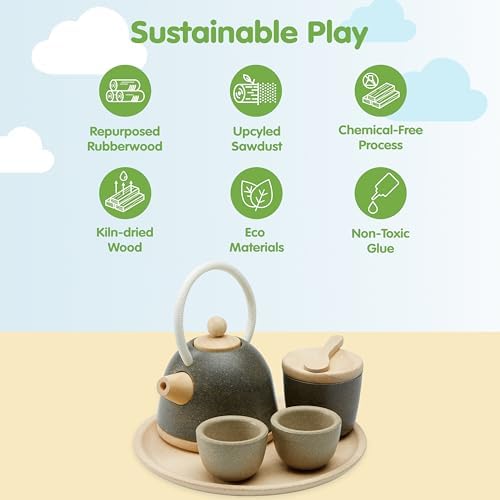 PlanToys® Wooden Classic Tea Set for Montessori Inspired Pretend Play | Social Interaction, Communication and Imaginative Role Play | Eco Friendly Wooden Tea Time Set for Creative Learning - Image 3