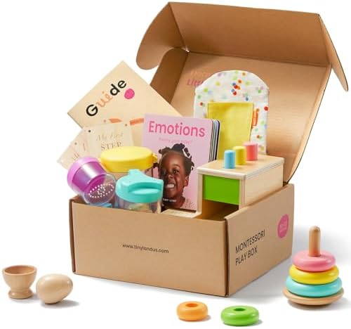 Tiny Land Montessori Toy Set for Babies 1 Year Old Thinker Play Kit- 5-in-1 Wooden Learning Toys with Peg Drop Box, Rocking Stacker, Egg Cup, Canister Set, and Crinkle Bag by TinyLand