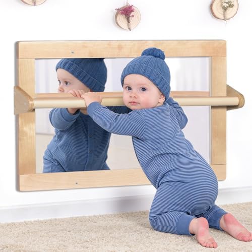 Baby Montessori Non-Shatter Sensory Safety Mirror w/ 2 Pull Up Bars by KRAND