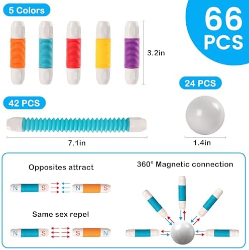 ROUSKY Magnetic Building Blocks Construction Set, 66 Pieces, Educational STEM Toy with Flexible Tubes and Connectors (66PCS) - Image 5
