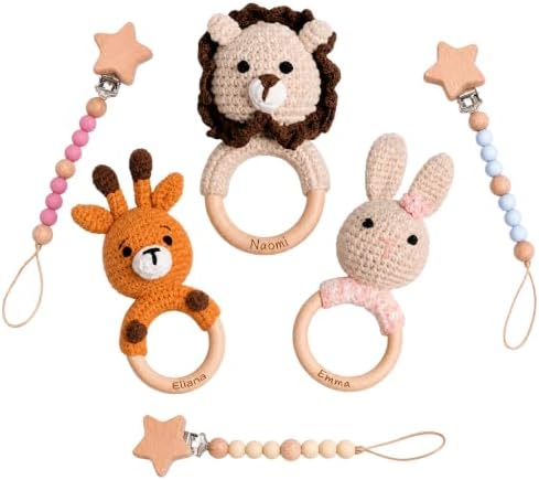Personalized Crochet Baby Rattle, Custom Wooden Teething Ring with Engraved Name, Handmade Crochet Animal Toy for Newborns and Infants by Unknown