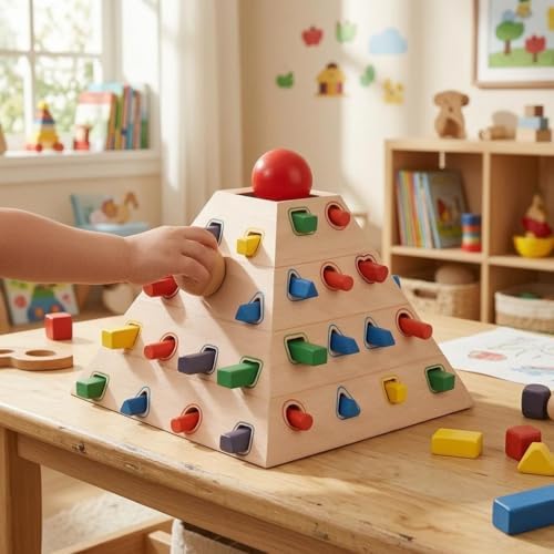Gralara Pyramid Shape Sorter Hand-Eye Coordination Wooden Shape Sorter Screen Fun Geometric Insert Toy - Image 2