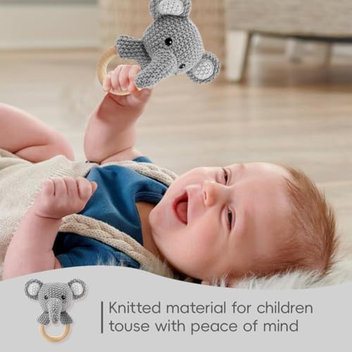 Baby Toys Stuffed Animals Handbell,Elephant Rattle Toy Wooden Rattle Toys for Baby,Knit Stuffed Animal Cute Rattle with Teether Ring Newborn Birthday Gifts（Elephant） - Image 4