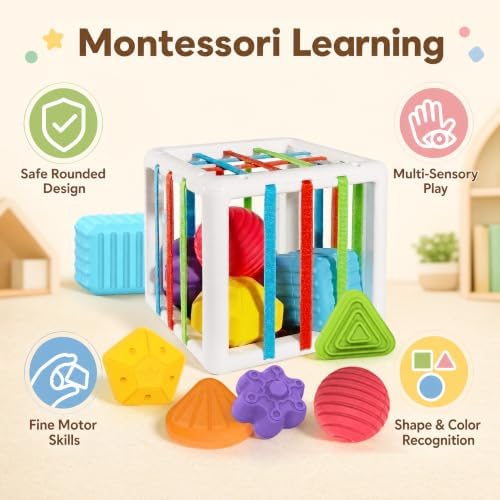 Montessori Toys for 1 Year Old - 6 Pc Shape Sorter Activity Cube - Image 2