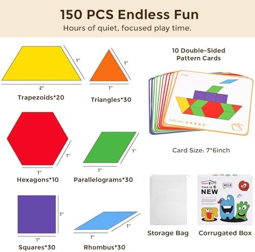 LovesTown Pattern Blocks, Wooden, 150pcs - Image 2