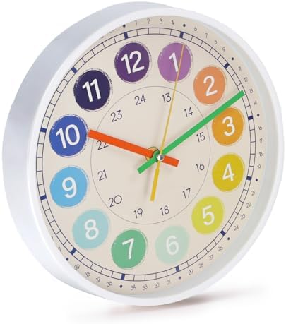 Kids Wall Clock Telling Time Silent Non-Ticking Learning Clock Colorful Teaching Wall Clocks Round Plastic Analog Educational Decor Clock for Classroom, Playroom, Bedroom(EDU3-White, 10 inch) - Image 3