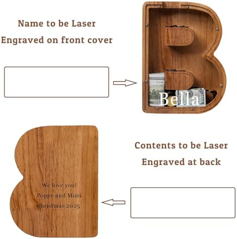 Personalized Large Wooden Kids Letter Piggy Bank - (Laser Engraved) Custom Piggy Bank for Boys Girls - Wooden Banks with Initials - Alphabet Money Box Bank Birthday Letter B Bank - Image 2