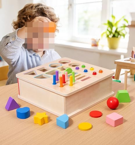 Wooden Shape Sorter Box, Montessori Activity Cube with Ball Drop, Worm Catching & Pegs - Image 5