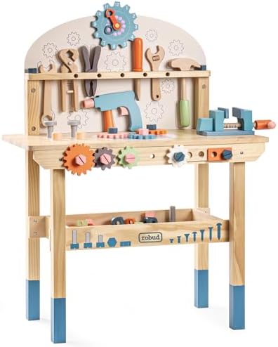 ROBUD Wooden Play Tool Workbench Set for Kids, Construction Toy Bench by ROBUD
