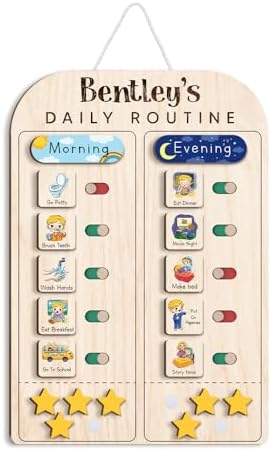 TinyKidz Large Daily Routine for Toddlers 11x16", Kids Daily Routine with Stars, Daily Responsibility Chart for Boys Girls, Wooden Routine Chart for Kids (08) by TinyKidz