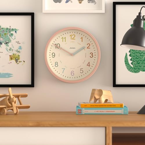 JONES CLOCKS® Kids wall Clock | Small Modern Children’s Nursery Clock | 10" | Pink | Colourful dial for Learning to Tell the time - Image 2
