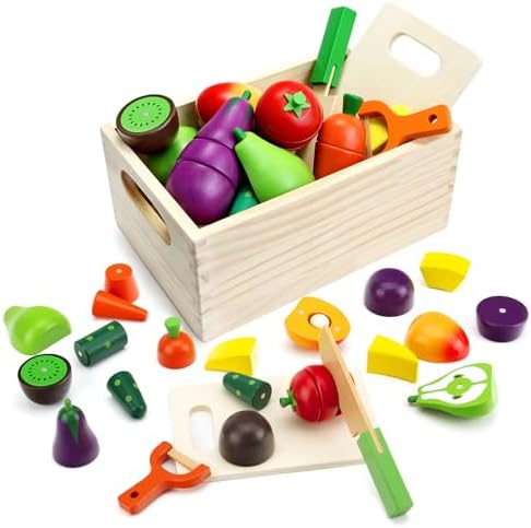 Wooden Play Food for Kids Kitchen, Fruit & Veggies Cutting Set for Toddlers by GOPLACS