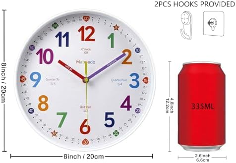 Colorful Teaching Wall Clock, 8 Inch Learning Classroom Clock, Battery Operated Silent Analog Clocks for Bedroom Classroom Decor, Homeschool Supplies Telling Time Teaching Clocks for Kids - Image 3