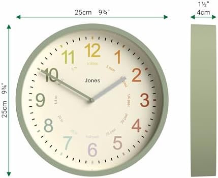 JONES CLOCKS® Kids wall Clock | Small Modern Children’s Nursery Clock | 10" | Sage Green | Colourful dial for Learning to Tell the time - Image 3