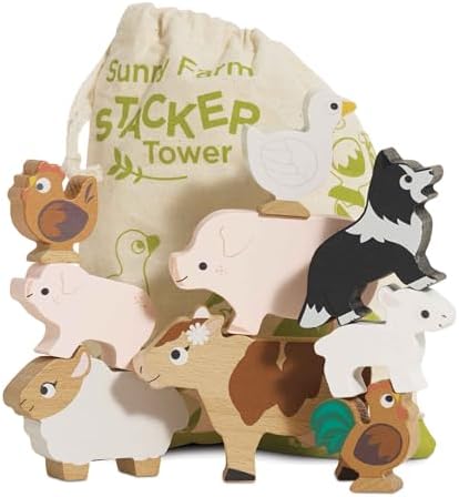 Le Toy Van Petilou Wooden Sunny Farm Stacking Animals and Bag by LeToyVan