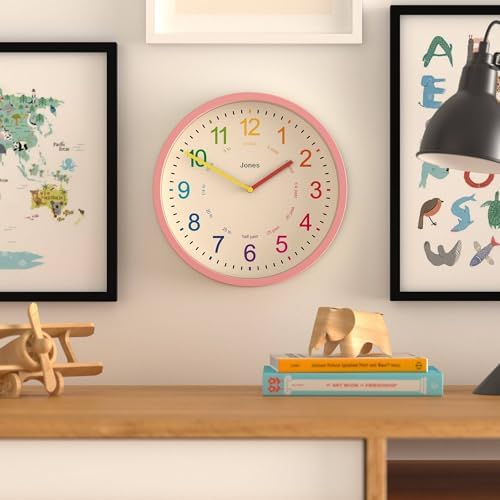 JONES CLOCKS® Kids wall Clock | Small Modern Children’s Nursery Clock | 10" | Pink | Colourful dial for Learning to Tell the time - Image 2