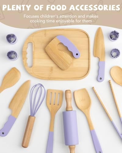 Wooden Kids Cooking Set Montessori Kit - Real Toddler Kitchen Tools & Baking Utensils - 30PCS Cooking Kit for Kids with Storage Bag, Great Gift for Pretend Play & Montessori Learning (Purple) - Image 6