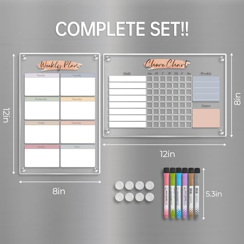 Magnetic Dry Erase Acrylic Chore & Weekly Calendar Set for Fridge, Refrigerator Visual Color-Block Design with 6 Color Erasable Magnetic Markers, Ideal for Kitchen Meal Planner & Family Work Task - Image 3