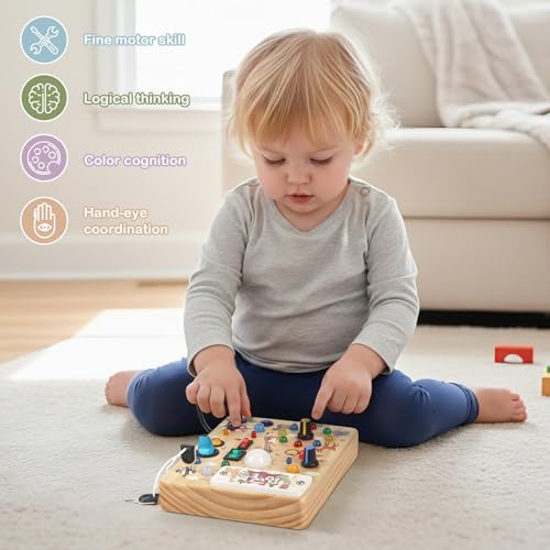LED Busy Board for Toddlers 1-3,Montessori Toy with Key Switch, Light Up Wood Activity Sensory Board for Fine Motor Skills, Educational Travel Toy Gift for 1 2 3 Year Old Boys Girl - Image 6
