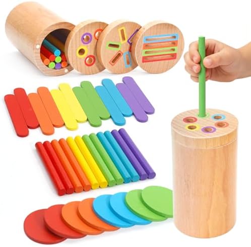Montessori Toys for 1-3 Year Old, 3 in 1 Wooden Color Sorting Stacking Travel Toy for Toddlers 18+ Months with Magnetic Lid, Birthday Christmas Learning Gift for 2-4 Year Olds Boys Girls by Soarly