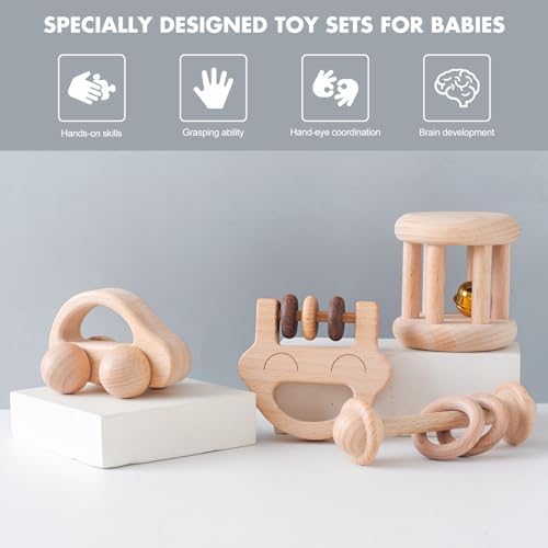 Chriswell Wooden Baby Rattle Set, Newborn Wooden Rattle Toy, Natural Wooden Montessori Baby Grip Toy, Baby Gift Toy, Wood Rattle Set-6 - Image 2
