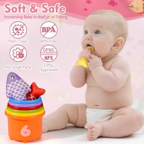 Montessori Toys for 1 Year Old - 20PCS Cloth Toddler Pink Fishing Game with Stacking Cups,Baby Color Sorting Toy 12-18 Months One Year Old Birthday Gift,Best Easter Gifts for 1-3 Year Olds - Image 5