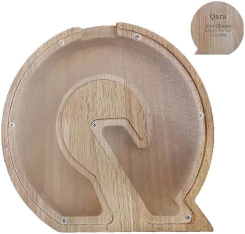 Wooden Letter Piggy Bank for Kids Boys Girls,Personalized Piggy Bank (Laser Engraving),A-Z Letters Coin Bank Money Box Customized Name, for Family Christmas Birthday Gift (Q) by FINDAMAZE