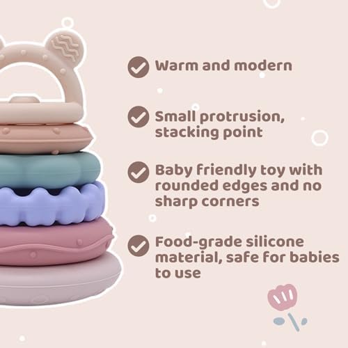 Stacking Rings Baby Toy, 7-Piece Silicone Baby Teething Toy, 6M+ Pink Jenga - Image 3