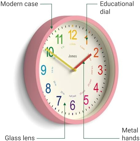 JONES CLOCKS® Kids wall Clock | Small Modern Children’s Nursery Clock | 10" | Pink | Colourful dial for Learning to Tell the time - Image 5