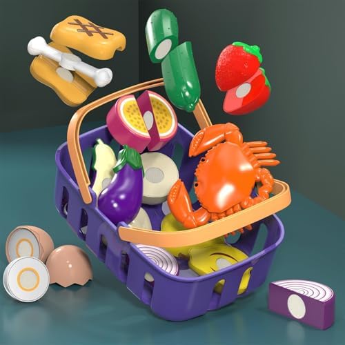 Cutting Play Food Toy with Grocery Basket, Pretend Play Kitchen Accessories - Image 5