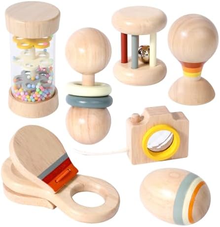 WODI Wooden Baby Toy 7pcs, Montessori Toys for Babies 0-3-6-12 Months, Toddler Hand Wooden Rattles Toy Set for Infant Grasping with Storage Bag, Sensory Development, Gift for Baby Boys Girls by WODIWOODENTOYS