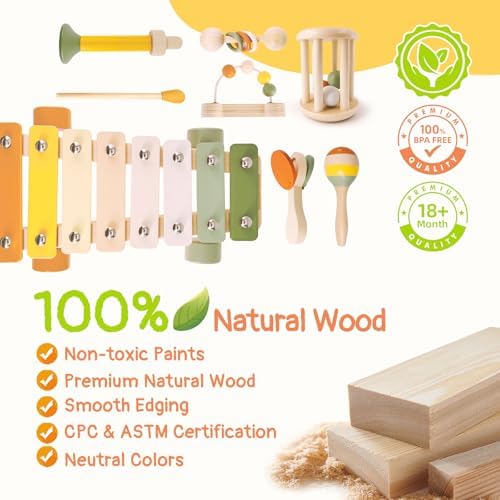 Wooden Musical Instruments for Toddlers 2+ Year Old Montessori Xylophone Maracas Clapper Rattles Trumpet Baby Musical Toys with Storage Bag Gifts for Boys Girls - Image 5