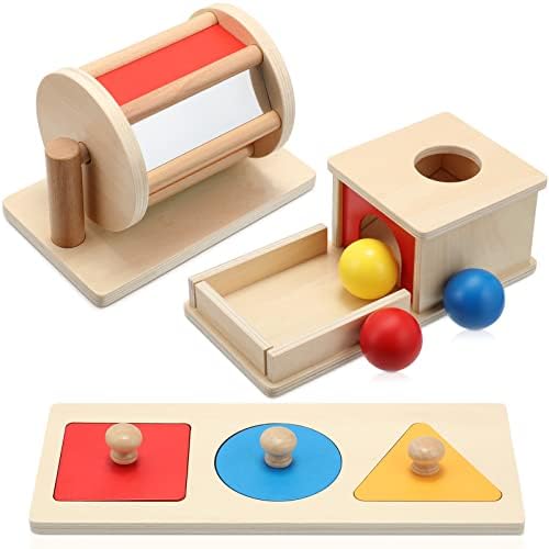 Sratte 3 Pcs Wooden Baby Toys Set, Object Permanence Box, Rainbow Drum, Colorful Multiple Shape Puzzles Toys, Preschool Toys Set for 6-12 Month Infant 1 2 3 Year Old Toddlers Babies by Sratte
