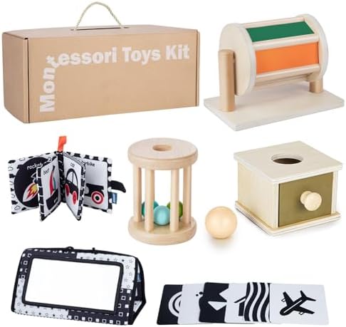 Montessori Toys for Babies 0-6 Months, 6 in 1 Learning Educational Set for Newborn, Toddlers Gifts Includes Spinning Drum, Object Permanence Box, Baby Roller Tummy Time Mirror and More by Starrykids