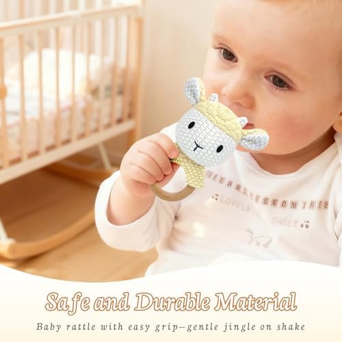 10" Crochet Sheep Stuffed Animal with Rattle, Pure Cotton Soft Crochet Doll Plush Toy for Newborn, Handmade First Birthday Gift - Image 6