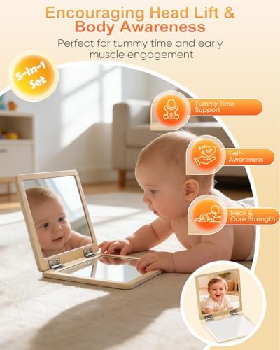 Montessori Toys for Babies 0-6 6-12 Months, Sensory Developmental Baby Toys, Tummy Time Toy - 5 in 1 Wooden Learning Toy Set, High Contrast Cards, Mirror & Spinning Drum for Newborn Infant Gift - Image 3
