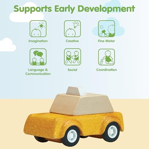 PlanToys® Yellow Taxicab Wooden Montessori Vehicle Kids Indoor Play Toy Set - Image 4