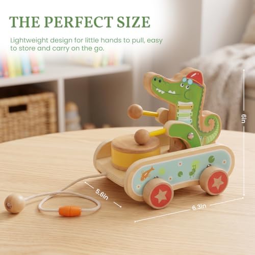 Wooden Push Toys for Toddlers 1-3, Crocodile Beating Drum Walking Pull Toy - Image 3