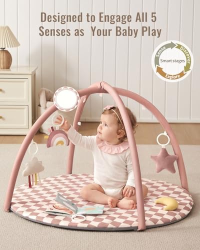 Blissful Diary Baby Play Gym Mat, Play Mat Activity Mat with 6 Detachable Toys for Stage-Based Sensory & Motor Skill Development, Easy to Install & Clean, Baby Essentials Gift, Blush Checkered - Image 3