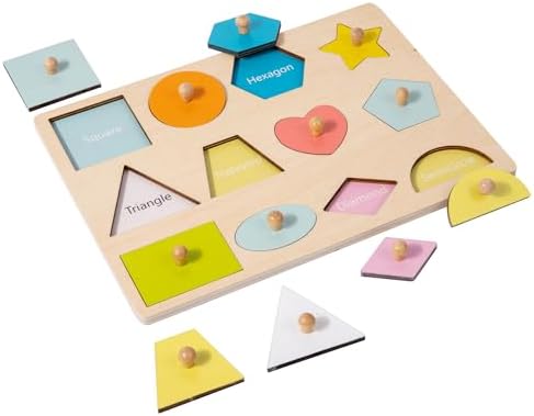 Montessori Toy for Babies 12-18 Months Wooden Shape Puzzles for Toddlers 1-3,Shape Peg Puzzles,Baby Puzzle 12-18-24 Months with Knob,Color & Shape Sorter for Toddlers(12 Geometric Shapes) by YunHeXinQiaoToysFactory