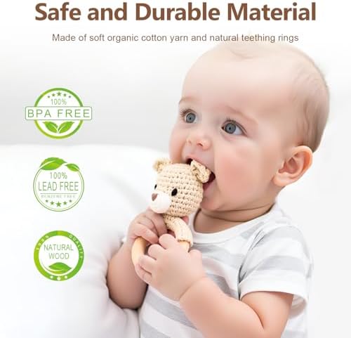 Wooden Baby Rattle, Handmade Crochet Stuffed Animal Organic Rattle Toys, Beige Bear Rattles for Babies 0-6 Months with Wood Teething Rings, Baby Announcements Ideas - Image 2