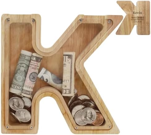 Wooden Letter Piggy Bank for Kids Boys Girls,Personalized Piggy Bank (Laser Engraving),A-Z Letters Coin Bank Money Box Customized Name, for Family Christmas Birthday Gift (K) by FINDAMAZE