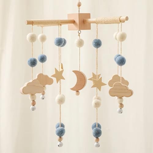 Wooden Bed Bell Crib Mobile with Music Box – Soft Felt Cartoon Bear Hanging Rattle Toy for Nursery Decor, Handcrafted Montessori-Inspired Crib Mobile (Blue) by Jessruly